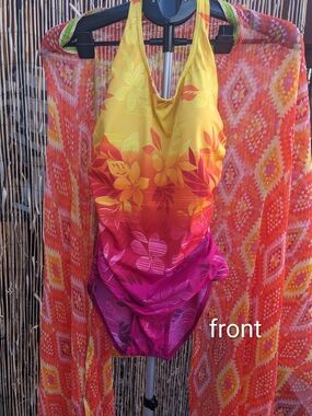 Islander Yellow, Orange & Pink Gradient Floral One-Piece Swimsuit.